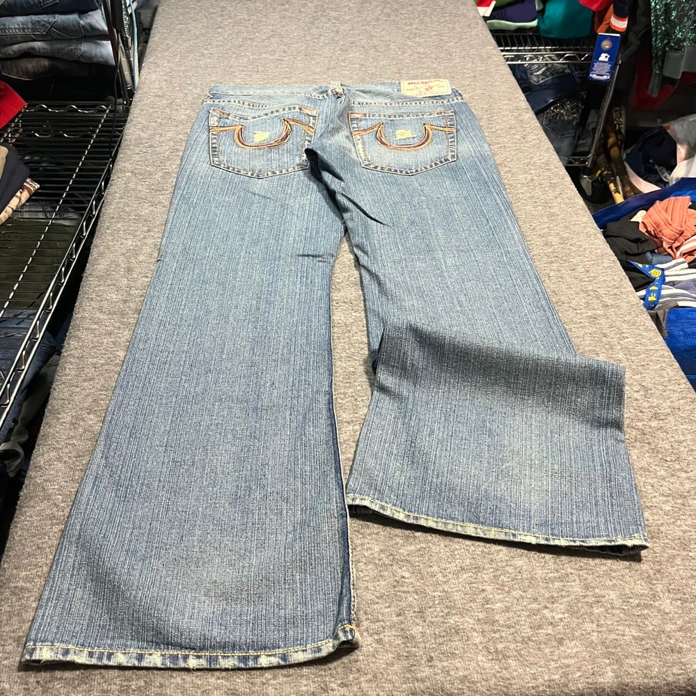 True Religion Bobby Big T Baggy Flared Jeans Blue Distressed Mens 34x34 y2k Keef